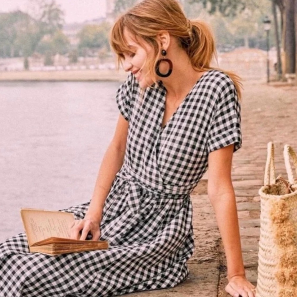 Sezane Marielle wrap dress black and white gingham size 34 X small
